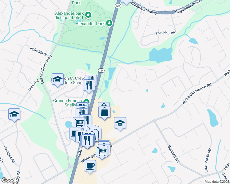 map of restaurants, bars, coffee shops, grocery stores, and more near 1378 Greencrest Court Southwest in Lawrenceville