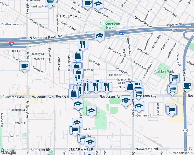 map of restaurants, bars, coffee shops, grocery stores, and more near 14039 Orizaba Avenue in Paramount