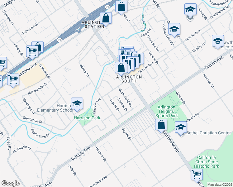map of restaurants, bars, coffee shops, grocery stores, and more near 2865 Dunbar Drive in Riverside