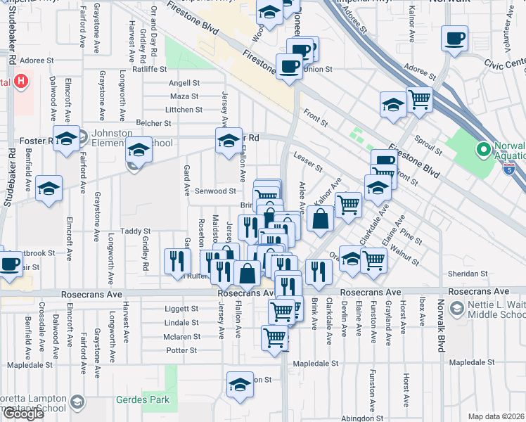 map of restaurants, bars, coffee shops, grocery stores, and more near 13818 Flallon Avenue in Norwalk