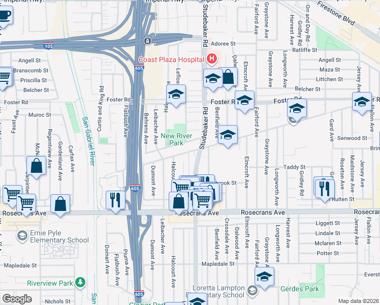 map of restaurants, bars, coffee shops, grocery stores, and more near 10850 Leffingwell Road in Norwalk
