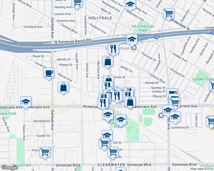 map of restaurants, bars, coffee shops, grocery stores, and more near 14050 McClure Avenue in Paramount