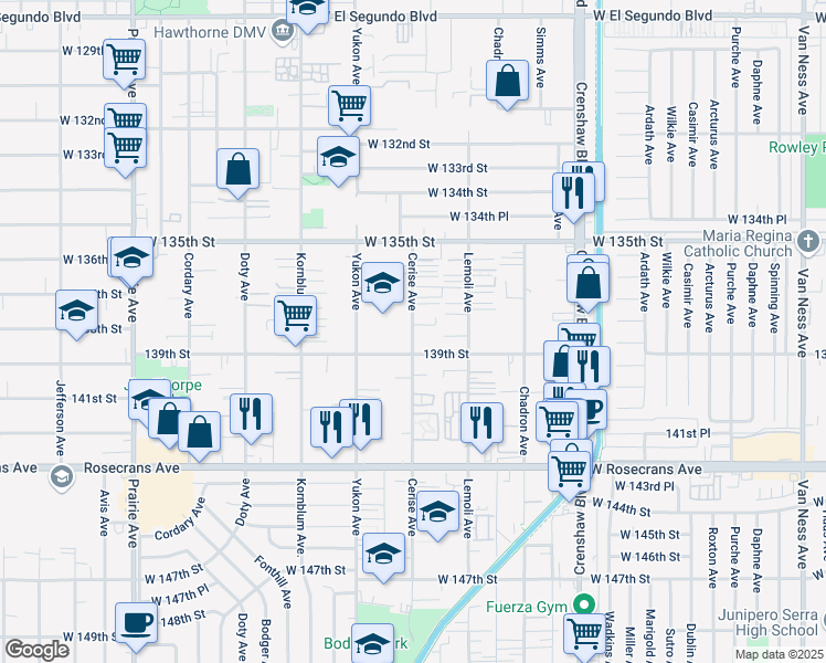 map of restaurants, bars, coffee shops, grocery stores, and more near 3505 139th Street in Hawthorne