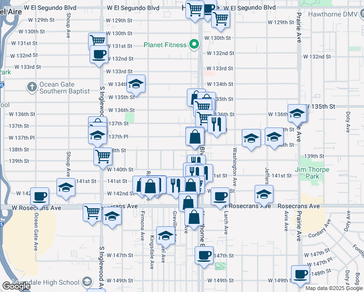 map of restaurants, bars, coffee shops, grocery stores, and more near 4473 138th Street in Hawthorne
