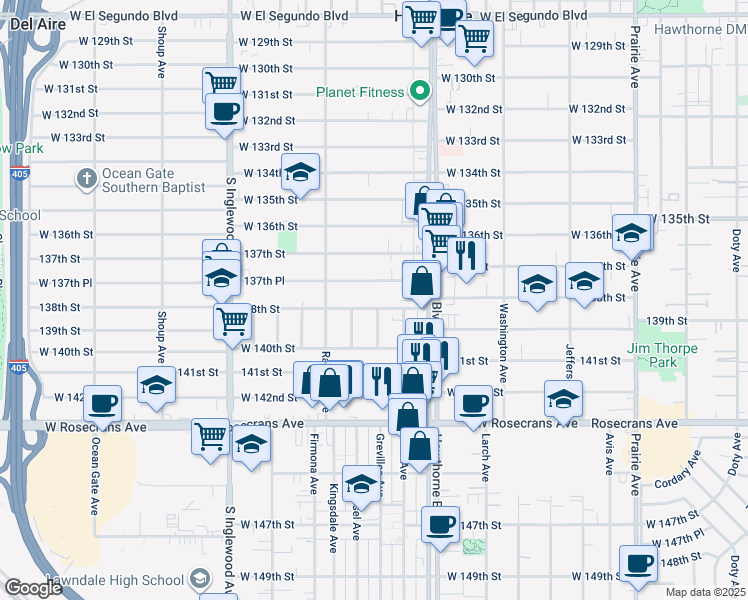 map of restaurants, bars, coffee shops, grocery stores, and more near 4473 138th Street in Hawthorne