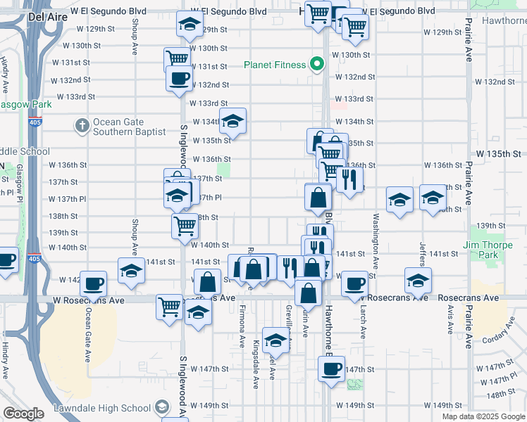 map of restaurants, bars, coffee shops, grocery stores, and more near 4553 138th Street in Hawthorne