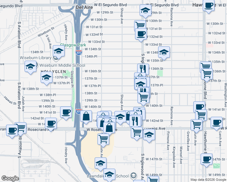 map of restaurants, bars, coffee shops, grocery stores, and more near 4926 138th Street in Hawthorne