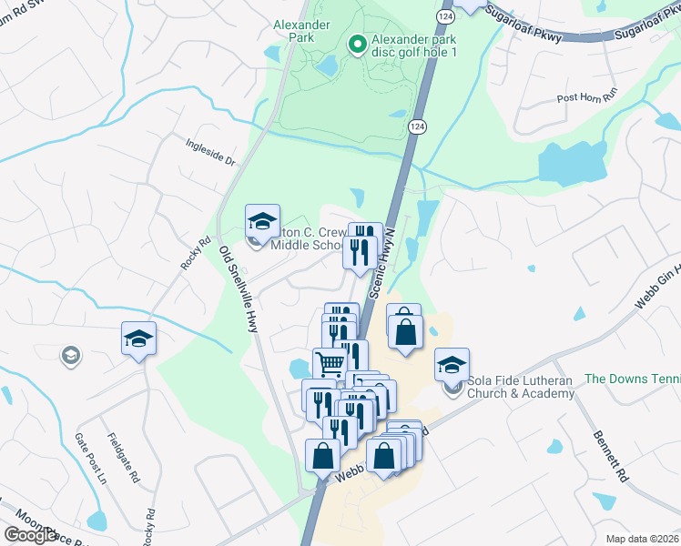 map of restaurants, bars, coffee shops, grocery stores, and more near 1319 Scenic View Trace in Lawrenceville
