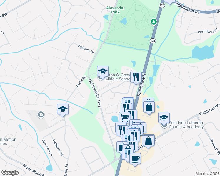map of restaurants, bars, coffee shops, grocery stores, and more near 1528 Scenic View Trace in Lawrenceville