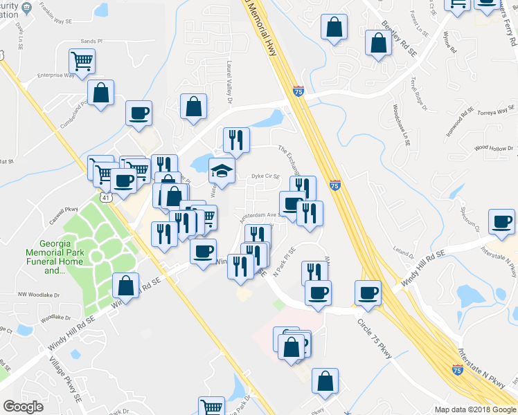 map of restaurants, bars, coffee shops, grocery stores, and more near Amsterdam Avenue Southeast in Atlanta
