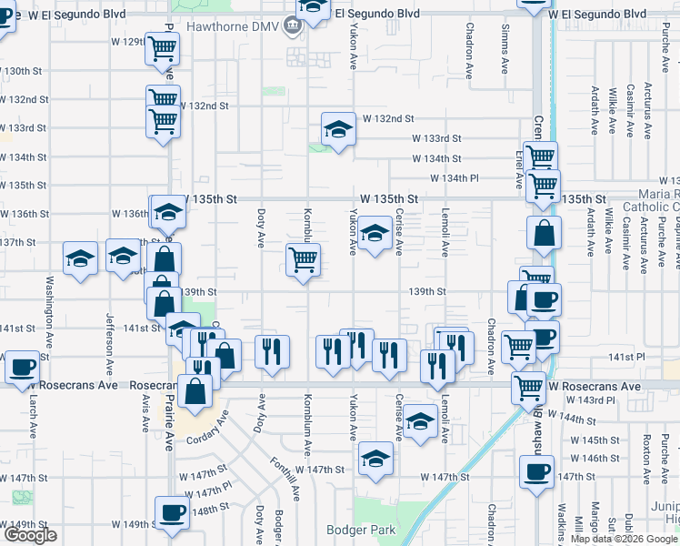 map of restaurants, bars, coffee shops, grocery stores, and more near 13801 Yukon Avenue in Hawthorne