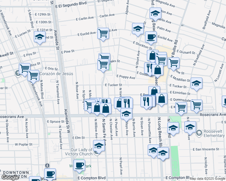 map of restaurants, bars, coffee shops, grocery stores, and more near 1505 North Pearl Avenue in Compton