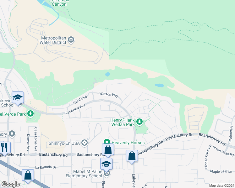 map of restaurants, bars, coffee shops, grocery stores, and more near 18345 Watson Way in Yorba Linda