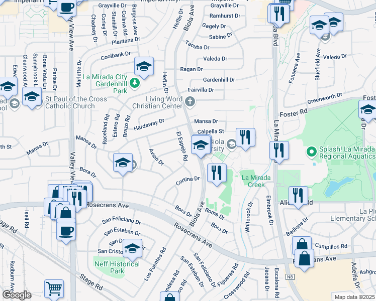 map of restaurants, bars, coffee shops, grocery stores, and more near 13708 El Espejo Road in La Mirada