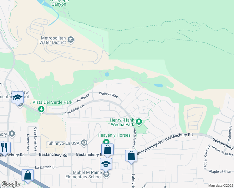 map of restaurants, bars, coffee shops, grocery stores, and more near 18345 Watson Way in Yorba Linda