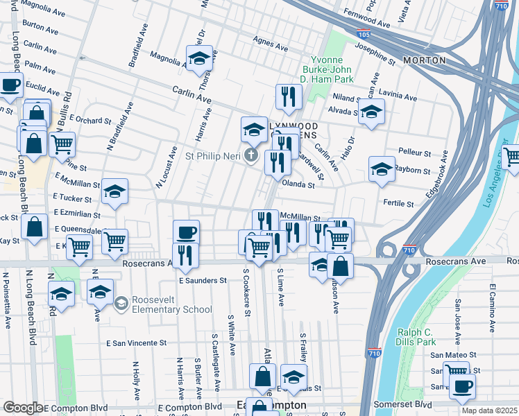 map of restaurants, bars, coffee shops, grocery stores, and more near 12725 Atlantic Avenue in Lynwood