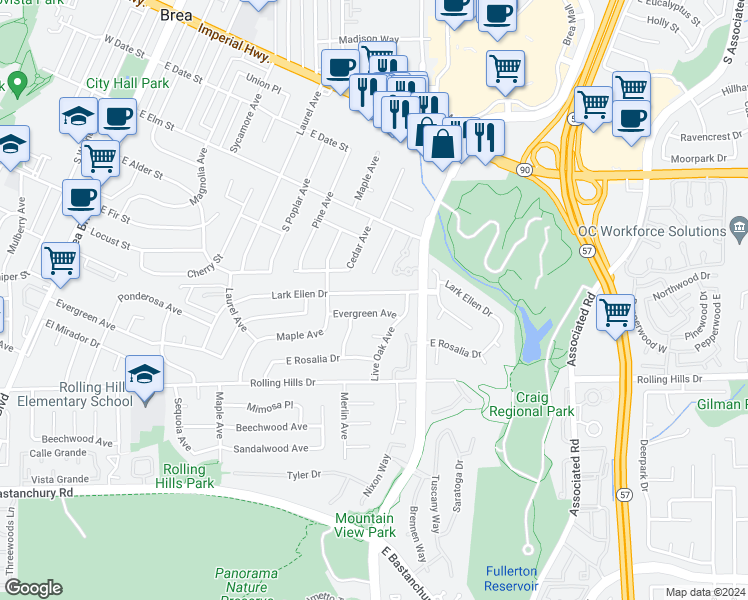 map of restaurants, bars, coffee shops, grocery stores, and more near 1954 Lark Ellen Drive in Fullerton