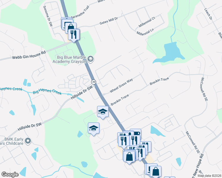 map of restaurants, bars, coffee shops, grocery stores, and more near 1752 Wheat Grass Way in Grayson