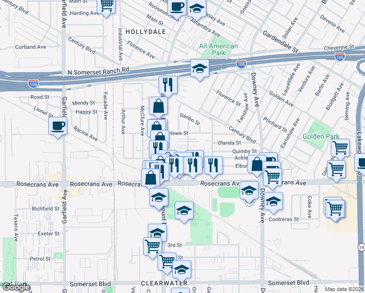 map of restaurants, bars, coffee shops, grocery stores, and more near 14039 Orizaba Avenue in Paramount