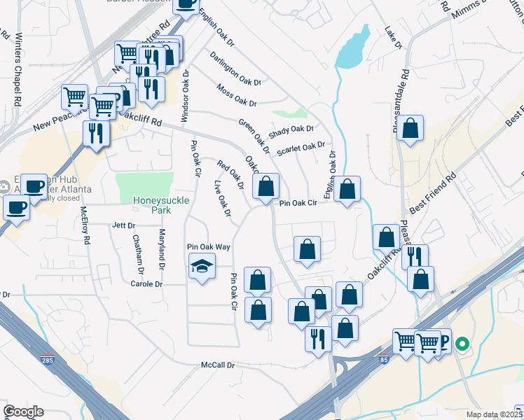 map of restaurants, bars, coffee shops, grocery stores, and more near 3376 Pin Oak Circle in Doraville
