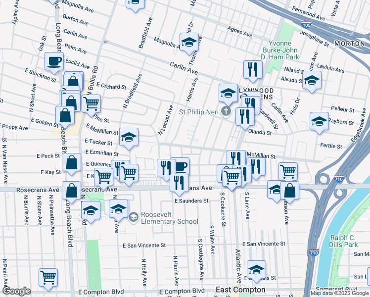 map of restaurants, bars, coffee shops, grocery stores, and more near 12817 South Butler Avenue in Compton