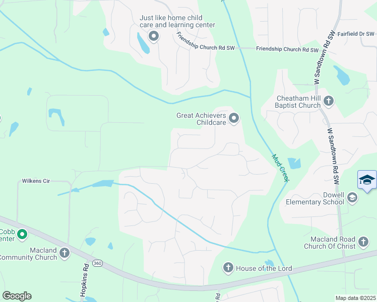map of restaurants, bars, coffee shops, grocery stores, and more near 1843 Hannah Place in Powder Springs