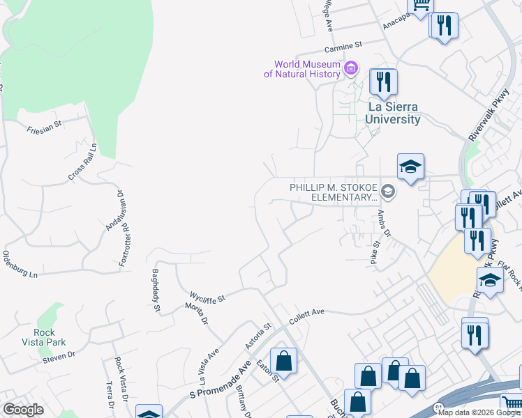 map of restaurants, bars, coffee shops, grocery stores, and more near 4479 Gilchrist Drive in Riverside