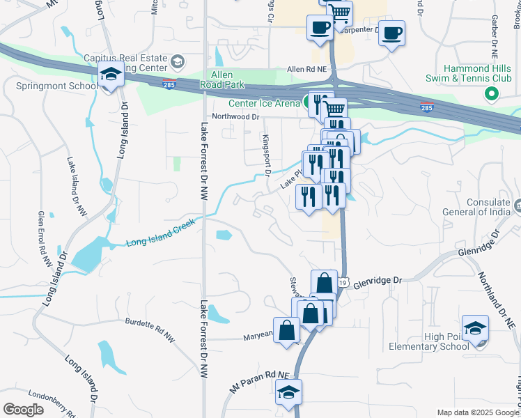 map of restaurants, bars, coffee shops, grocery stores, and more near 800 Lake Placid Drive Northeast in Atlanta