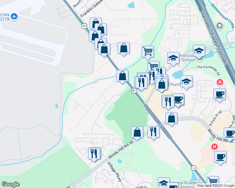 map of restaurants, bars, coffee shops, grocery stores, and more near 1608 Caswell Parkway in Marietta