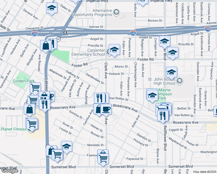 map of restaurants, bars, coffee shops, grocery stores, and more near 13724 Clark Avenue in Bellflower