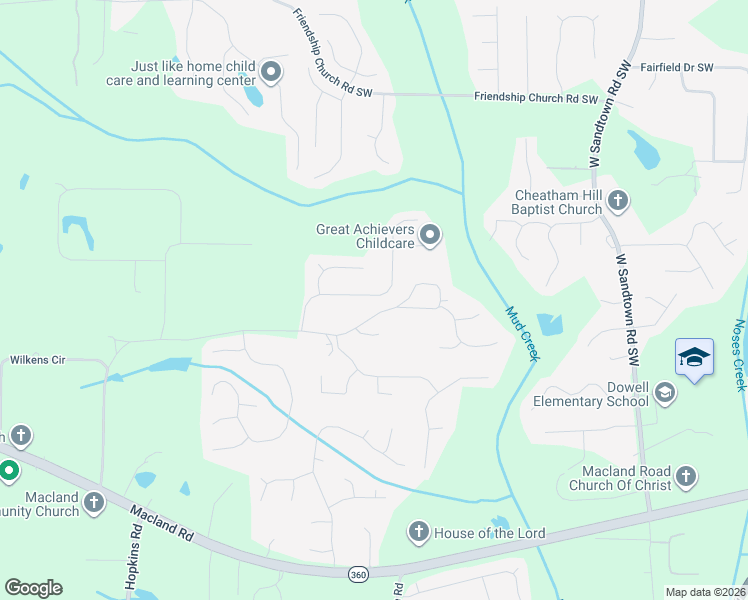 map of restaurants, bars, coffee shops, grocery stores, and more near 1833 Hannah Place in Powder Springs