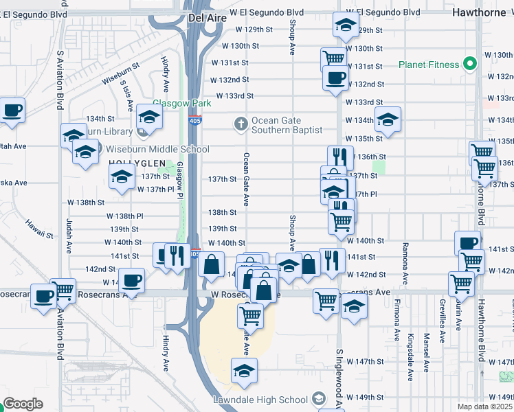 map of restaurants, bars, coffee shops, grocery stores, and more near 5025 138th Street in Hawthorne
