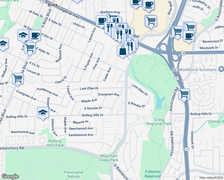 map of restaurants, bars, coffee shops, grocery stores, and more near 1954 Lark Ellen Drive in Fullerton