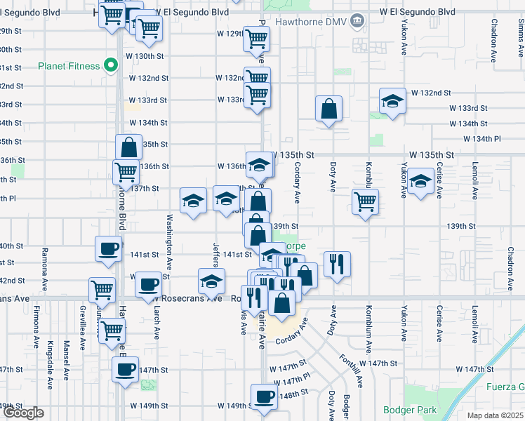 map of restaurants, bars, coffee shops, grocery stores, and more near Prairie Avenue & 138th Street in Hawthorne