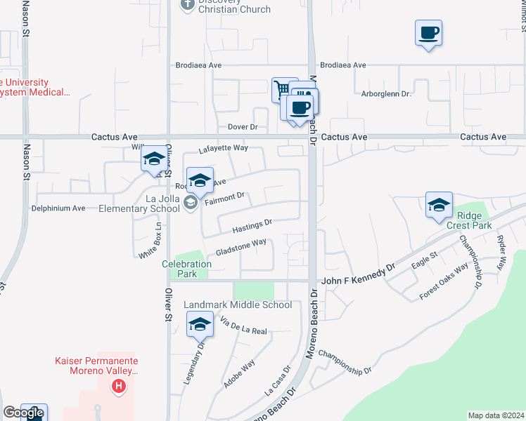 map of restaurants, bars, coffee shops, grocery stores, and more near 27833 Auburn Lane in Moreno Valley