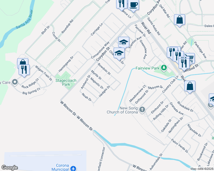 map of restaurants, bars, coffee shops, grocery stores, and more near 963 Hedges Drive in Corona