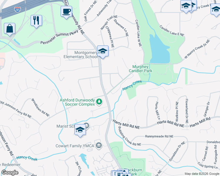 map of restaurants, bars, coffee shops, grocery stores, and more near 1420 W Nancy Creek Dr NE in Atlanta