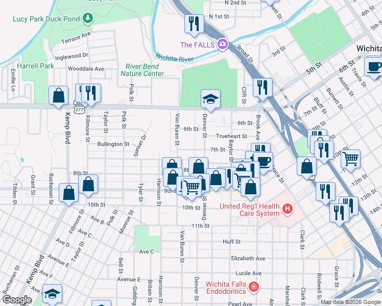 map of restaurants, bars, coffee shops, grocery stores, and more near 1912 8th Street in Wichita Falls