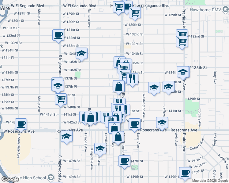 map of restaurants, bars, coffee shops, grocery stores, and more near 4431 138th Street in Hawthorne