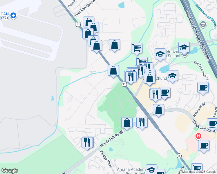 map of restaurants, bars, coffee shops, grocery stores, and more near 1612 Caswell Parkway in Marietta