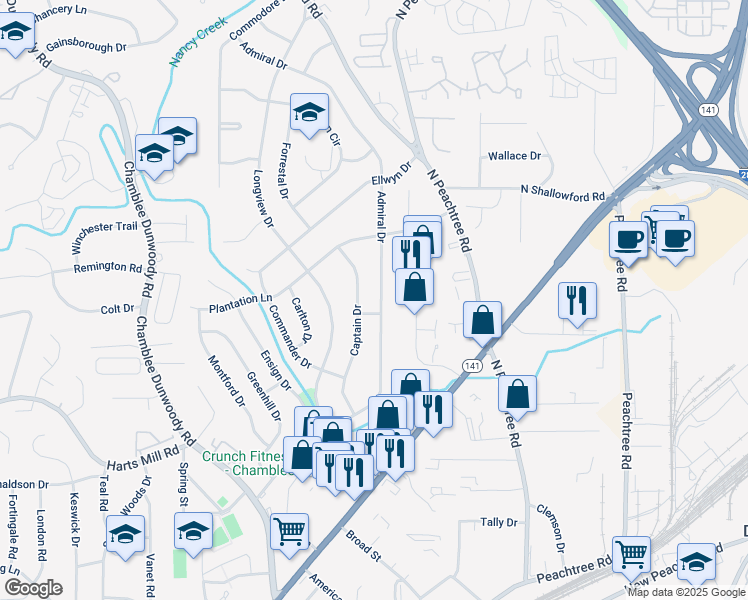 map of restaurants, bars, coffee shops, grocery stores, and more near 3880 Admiral Drive in Atlanta