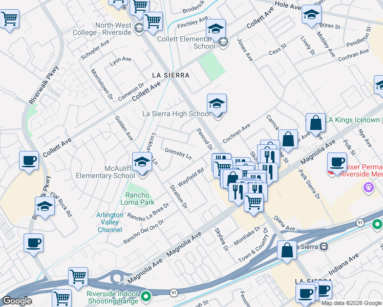 map of restaurants, bars, coffee shops, grocery stores, and more near 4024 Grimsby Lane in Riverside