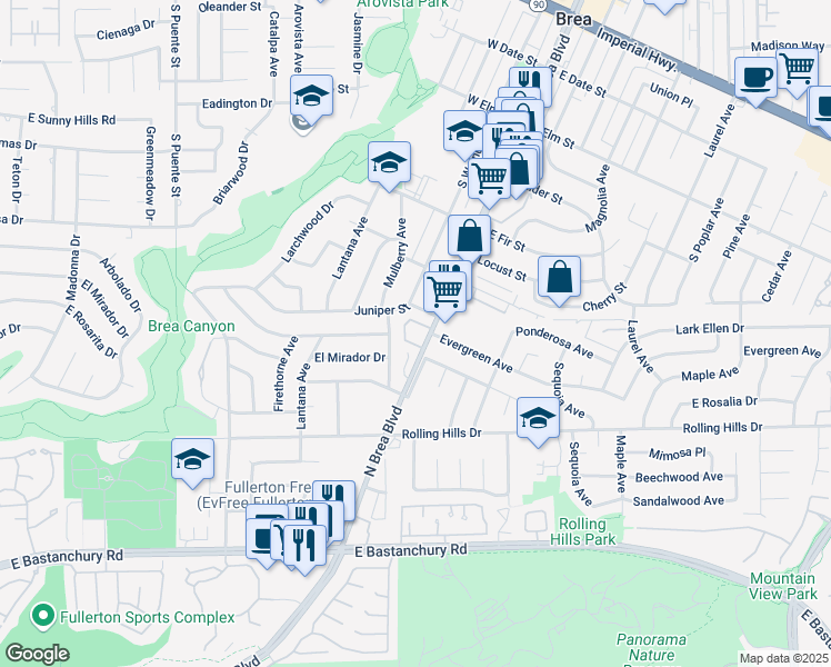 map of restaurants, bars, coffee shops, grocery stores, and more near 3041 North Brea Boulevard in Fullerton