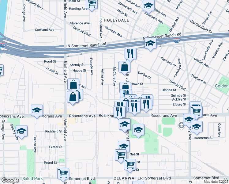 map of restaurants, bars, coffee shops, grocery stores, and more near 14035 McClure Avenue in Paramount