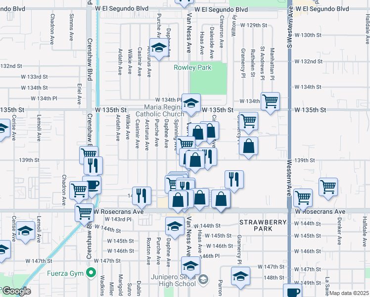 map of restaurants, bars, coffee shops, grocery stores, and more near 13808 Spinning Avenue in Gardena