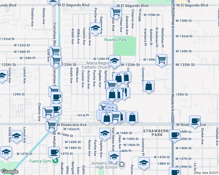 map of restaurants, bars, coffee shops, grocery stores, and more near 13808 Spinning Avenue in Gardena