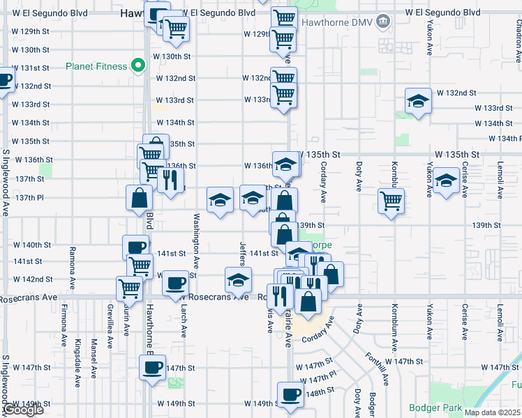 map of restaurants, bars, coffee shops, grocery stores, and more near 4068 138th Street in Hawthorne