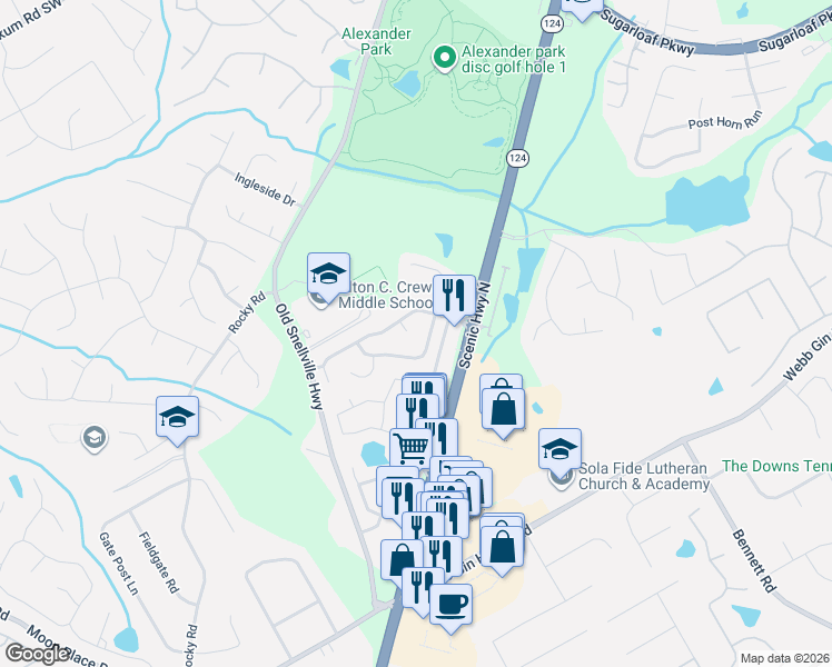 map of restaurants, bars, coffee shops, grocery stores, and more near 1107 Crewsplace Court in Lawrenceville