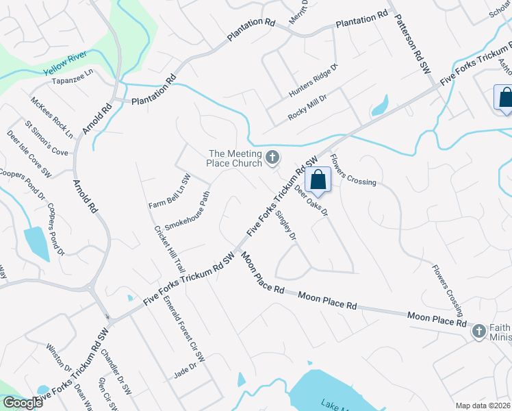 map of restaurants, bars, coffee shops, grocery stores, and more near 2225 Five Forks Trickum Road Southwest in Lawrenceville