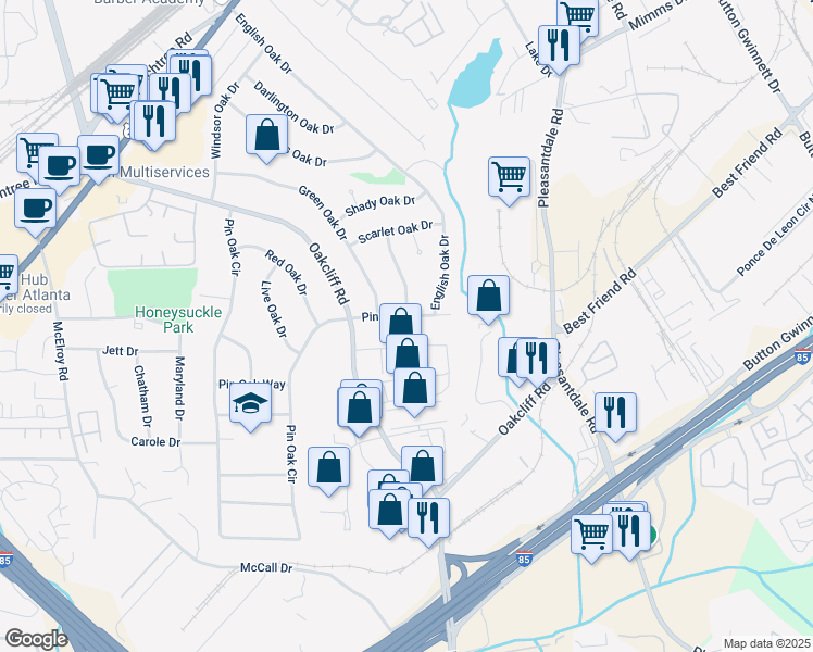 map of restaurants, bars, coffee shops, grocery stores, and more near 3306 Pin Oak Circle in Doraville